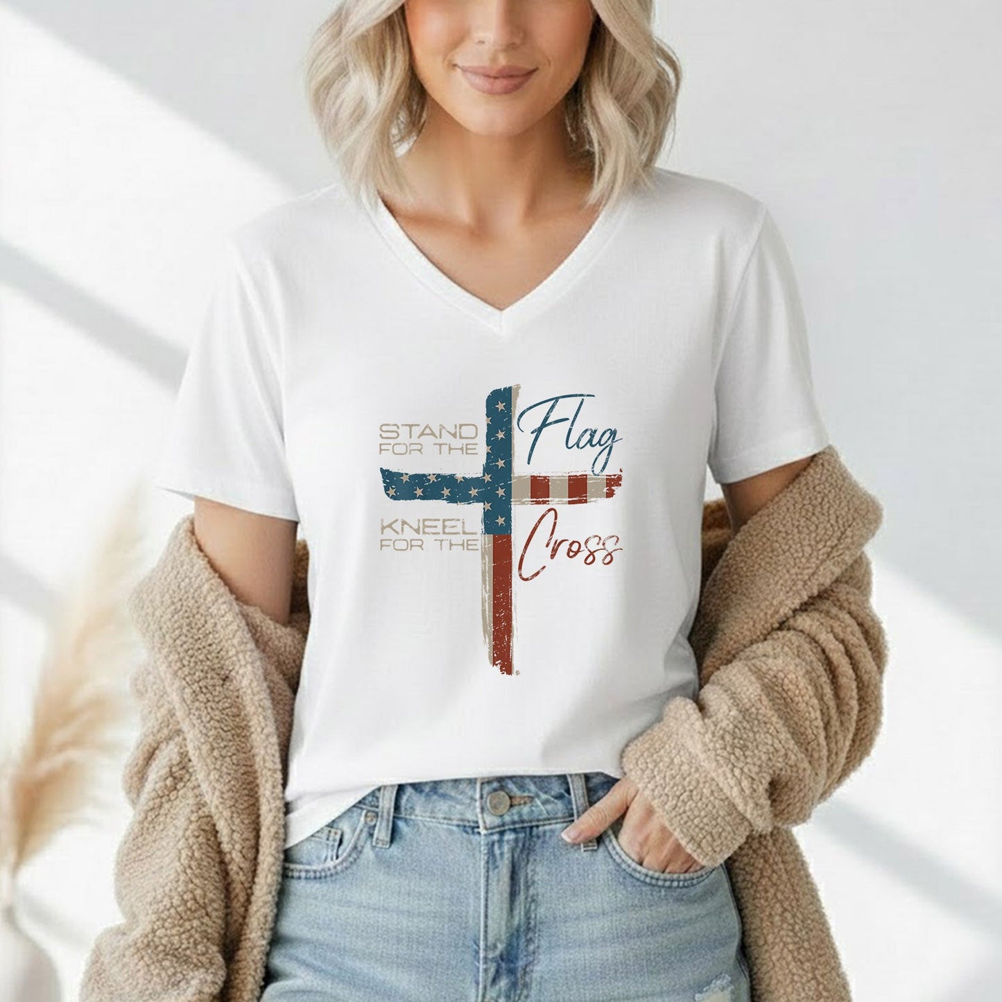 Kneel for the Cross Flag – Faith & Freedom – Unisex Tshirt Gildan / Tshirt Comfort / V-neck/ Hoodie / Sweatshirt