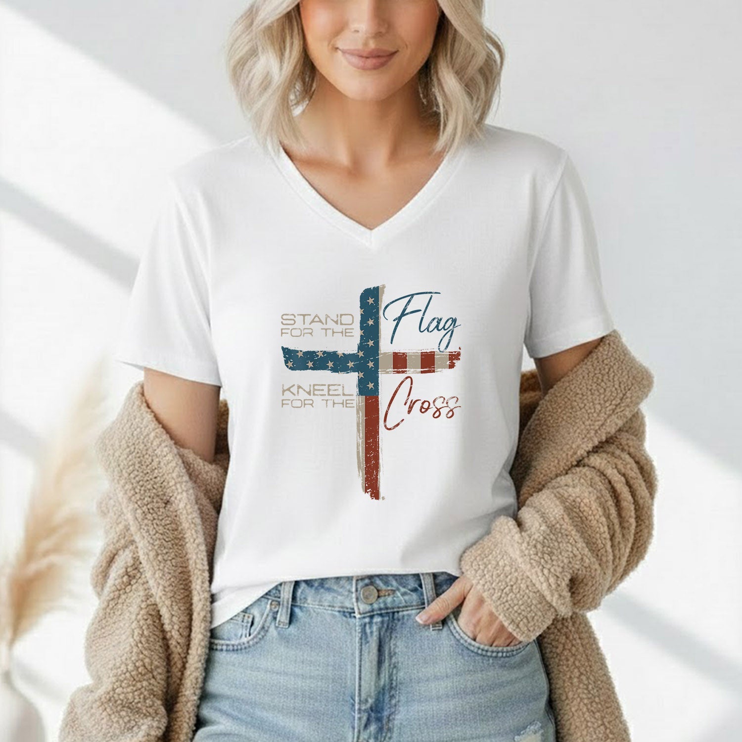 Kneel for the Cross Flag – Faith & Freedom – Unisex Tshirt Gildan / Tshirt Comfort / V-neck/ Hoodie / Sweatshirt