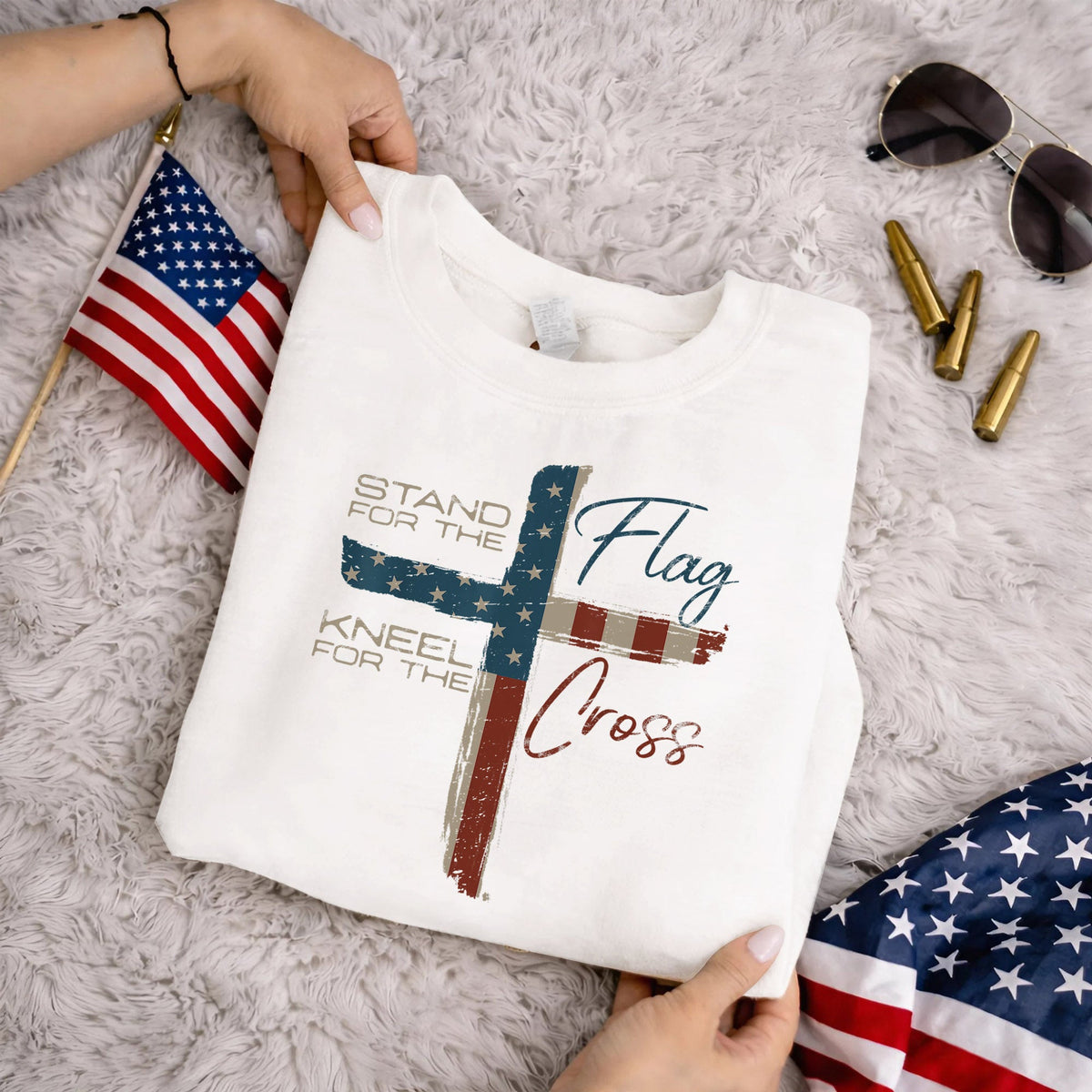 Kneel for the Cross Flag – Faith & Freedom – Unisex Tshirt Gildan / Tshirt Comfort / V-neck/ Hoodie / Sweatshirt