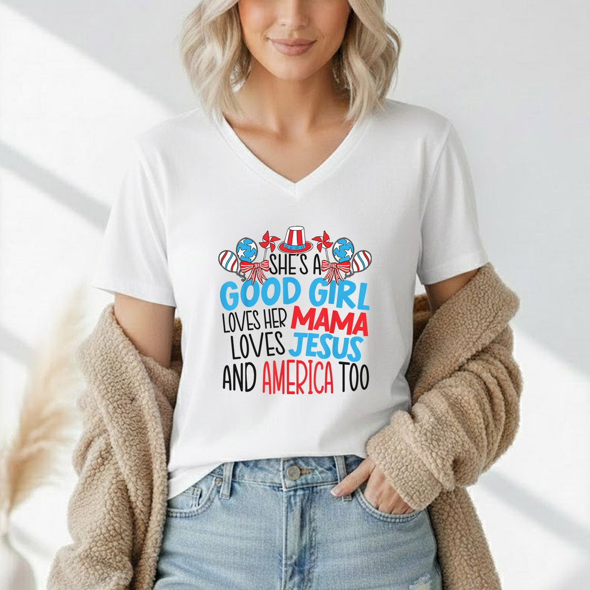 Faith Family Freedom Mama Jesus USA – USA Girl – Unisex Tshirt Gildan / Tshirt Comfort / V-neck/ Hoodie / Sweatshirt