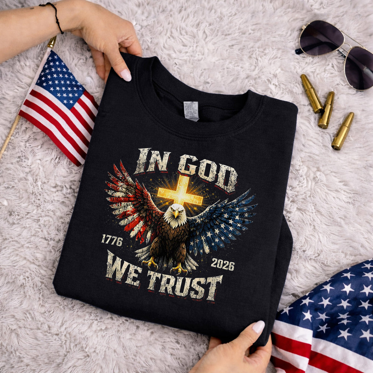 1776–2026 Freedom Eagle Cross Faith – Faith & Freedom – Unisex Tshirt Gildan / Tshirt Comfort / V-neck/ Hoodie / Sweatshirt