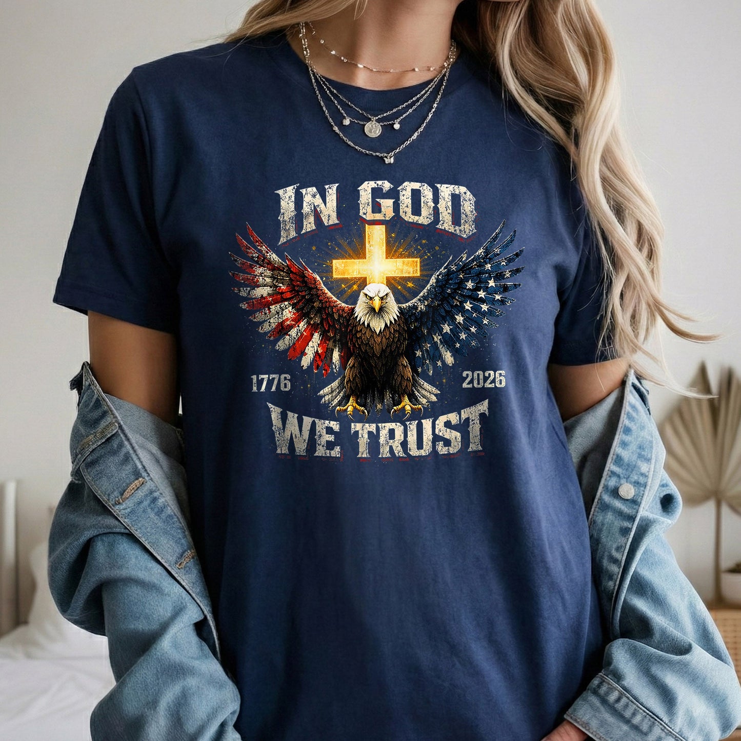 1776–2026 Freedom Eagle Cross Faith – Faith & Freedom – Unisex Tshirt Gildan / Tshirt Comfort / V-neck/ Hoodie / Sweatshirt