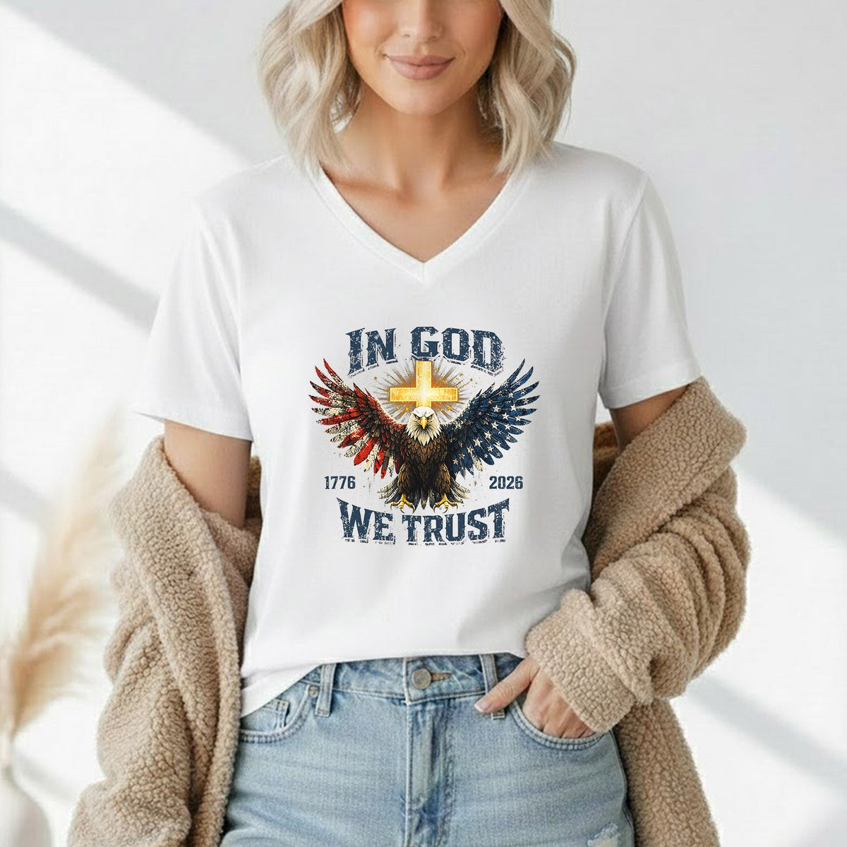 1776–2026 Freedom Eagle Cross Faith – Faith & Freedom – Unisex Tshirt Gildan / Tshirt Comfort / V-neck/ Hoodie / Sweatshirt