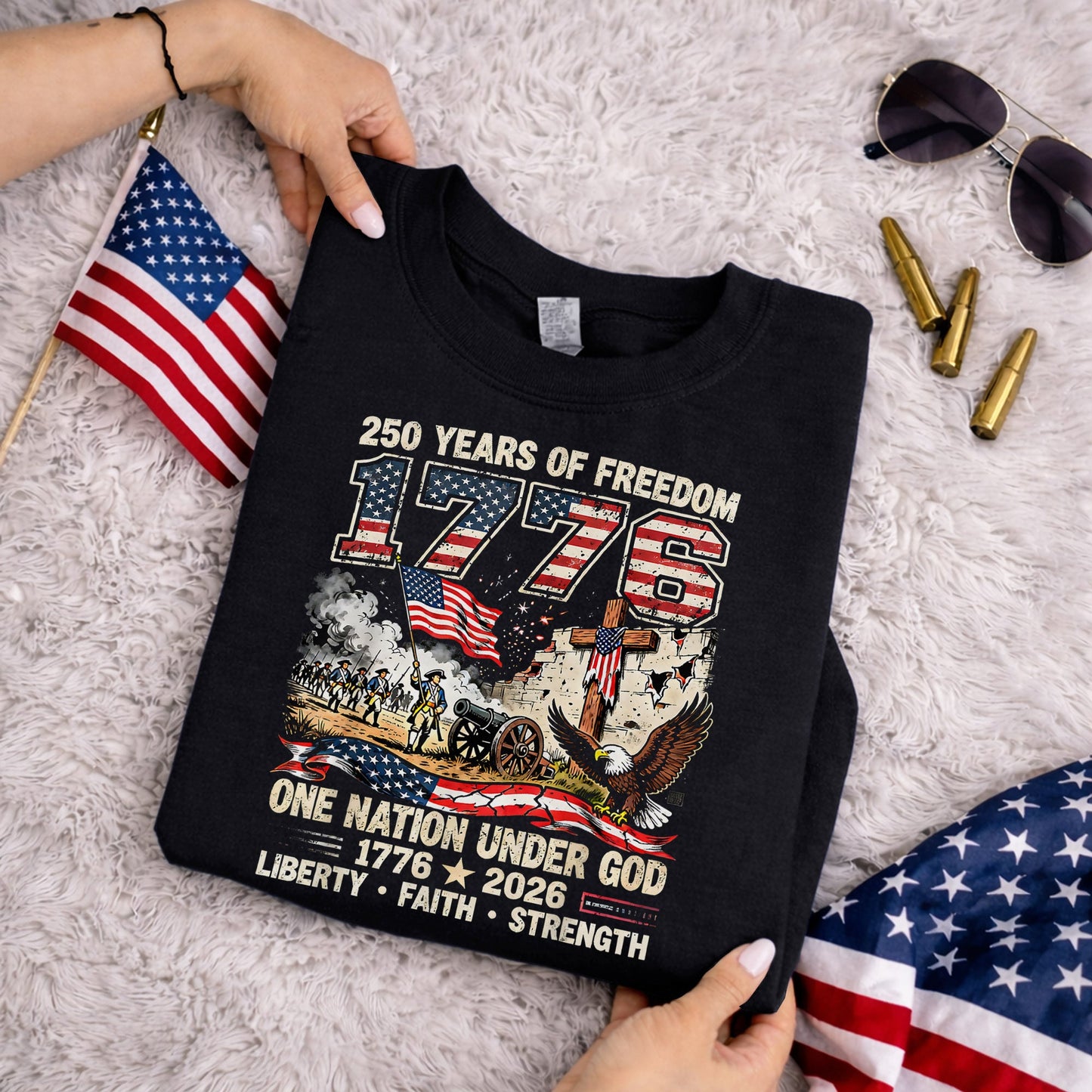 One Nation Under God 250th Anniversary History Graphic – Faith & Freedom – Unisex Tshirt Gildan / Tshirt Comfort / V-neck/ Hoodie / Sweatshirt