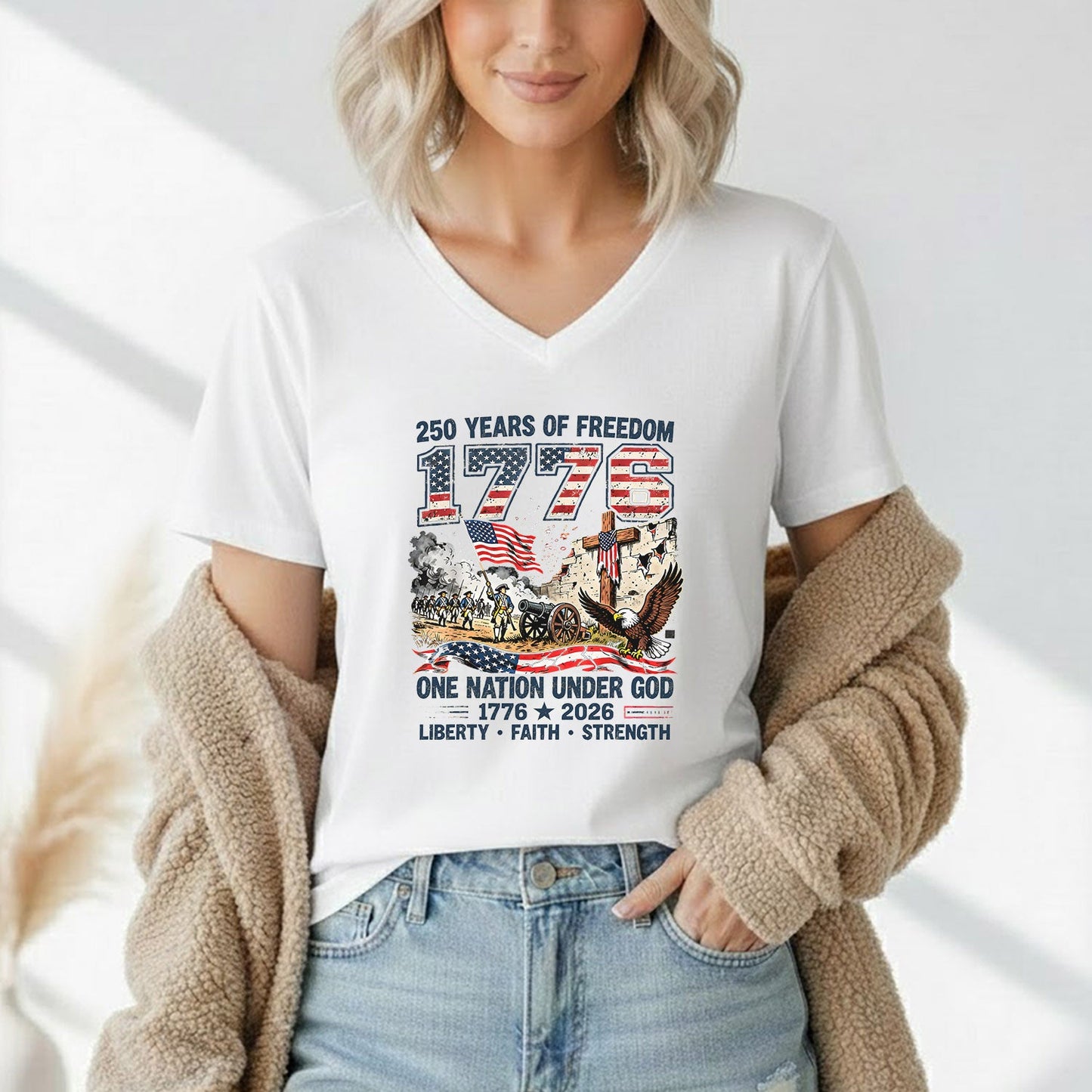 One Nation Under God 250th Anniversary History Graphic – Faith & Freedom – Unisex Tshirt Gildan / Tshirt Comfort / V-neck/ Hoodie / Sweatshirt