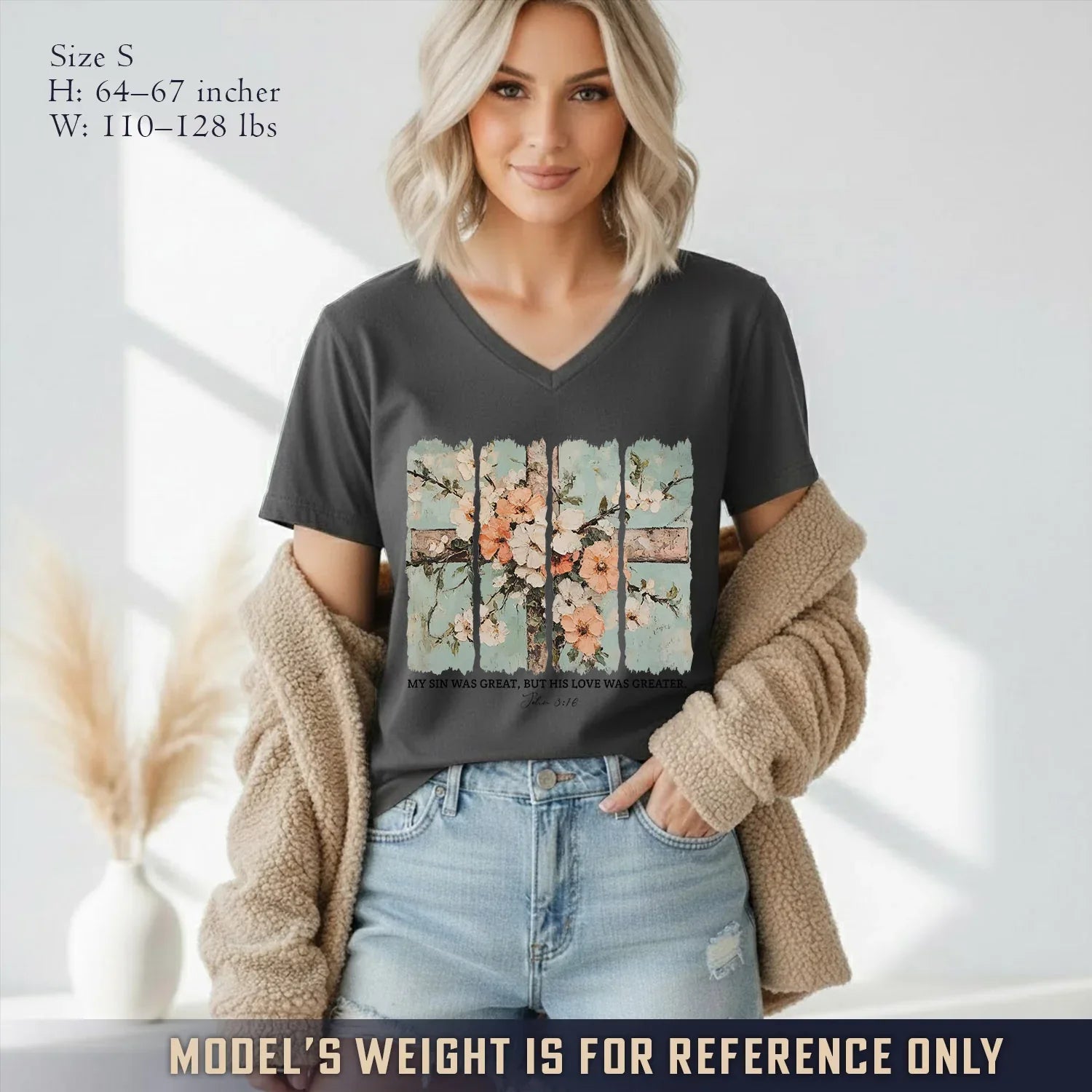 My Sin Was Great, His Love Was Greater V-Neck Christian Shirt - Faith Floral - Faith Guided Life