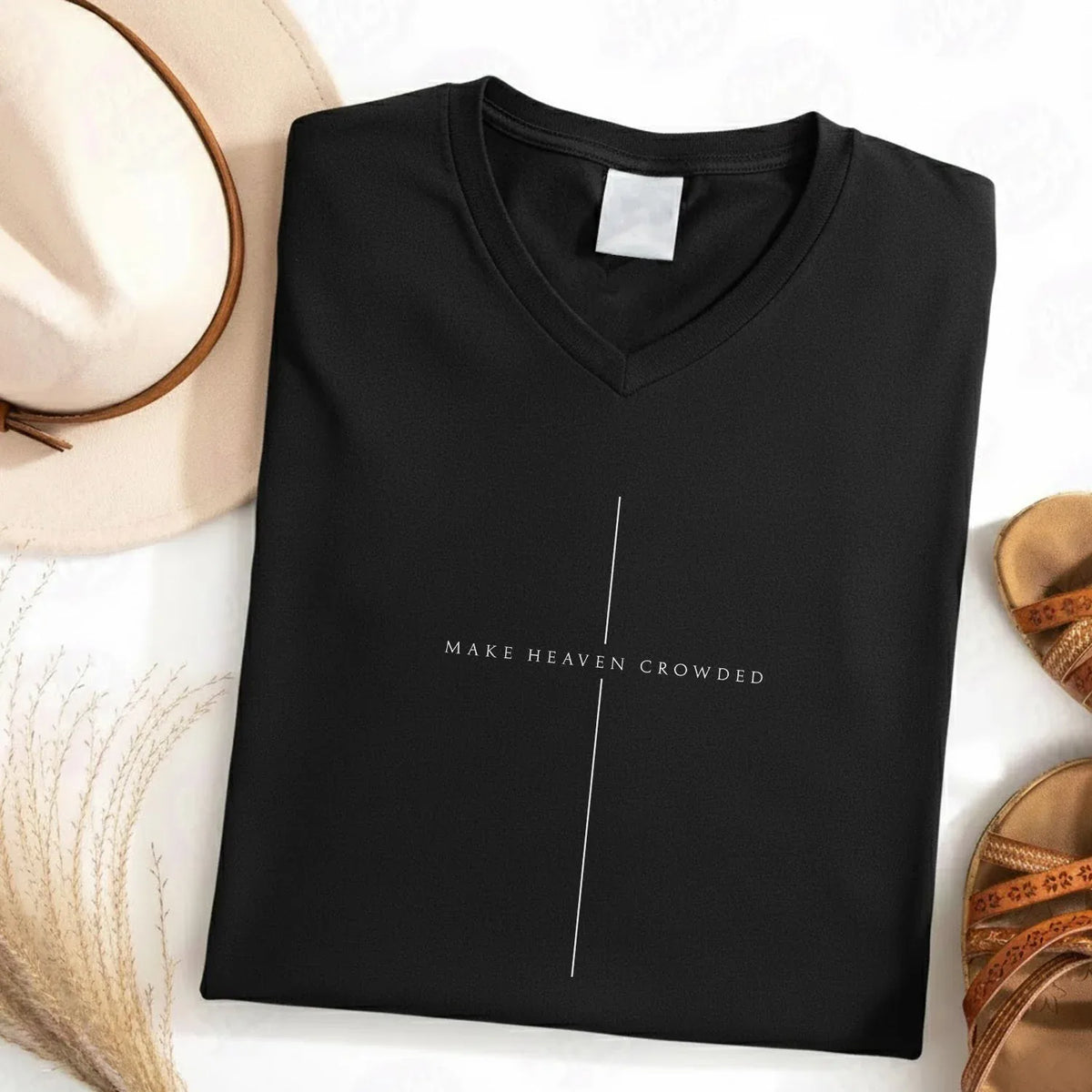 Make Heaven Crowded Minimalist Cross Line V-Neck Christian Shirt - Minimalist Faith - Faith Guided Life