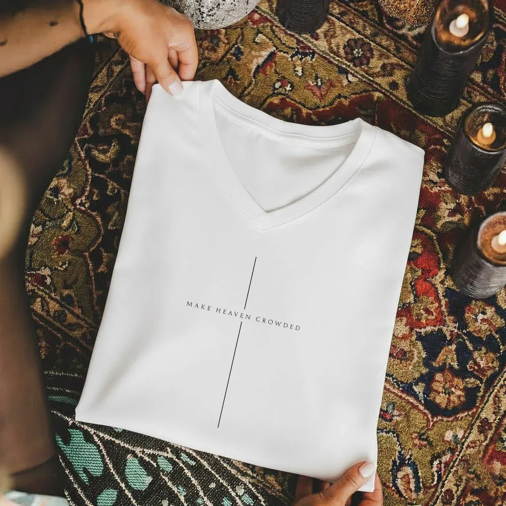 Make Heaven Crowded Minimalist Cross Line V-Neck Christian Shirt - Minimalist Faith - Faith Guided Life