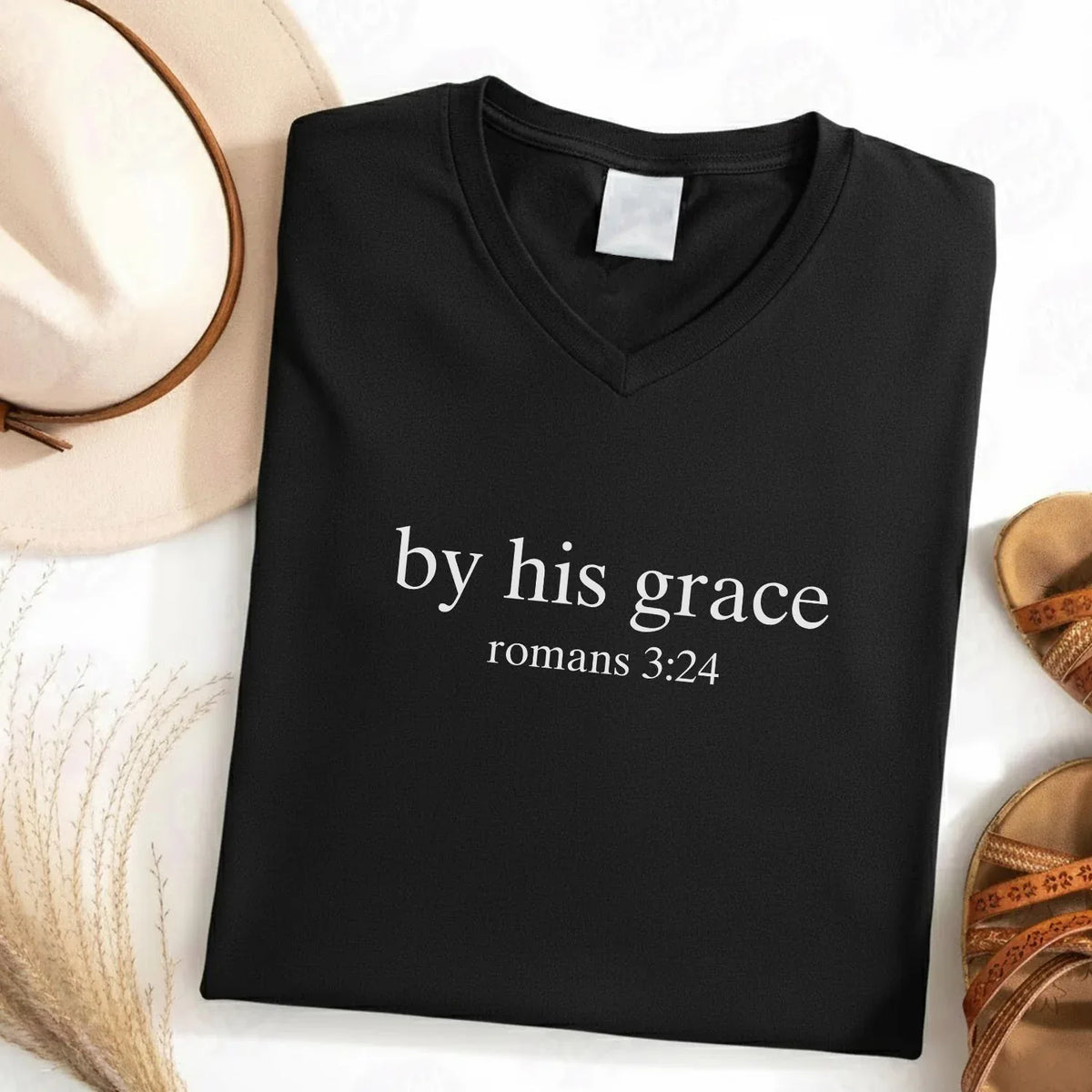 By His Grace V-Neck Christian Shirt - Minimalist Faith - Faith Guided Life