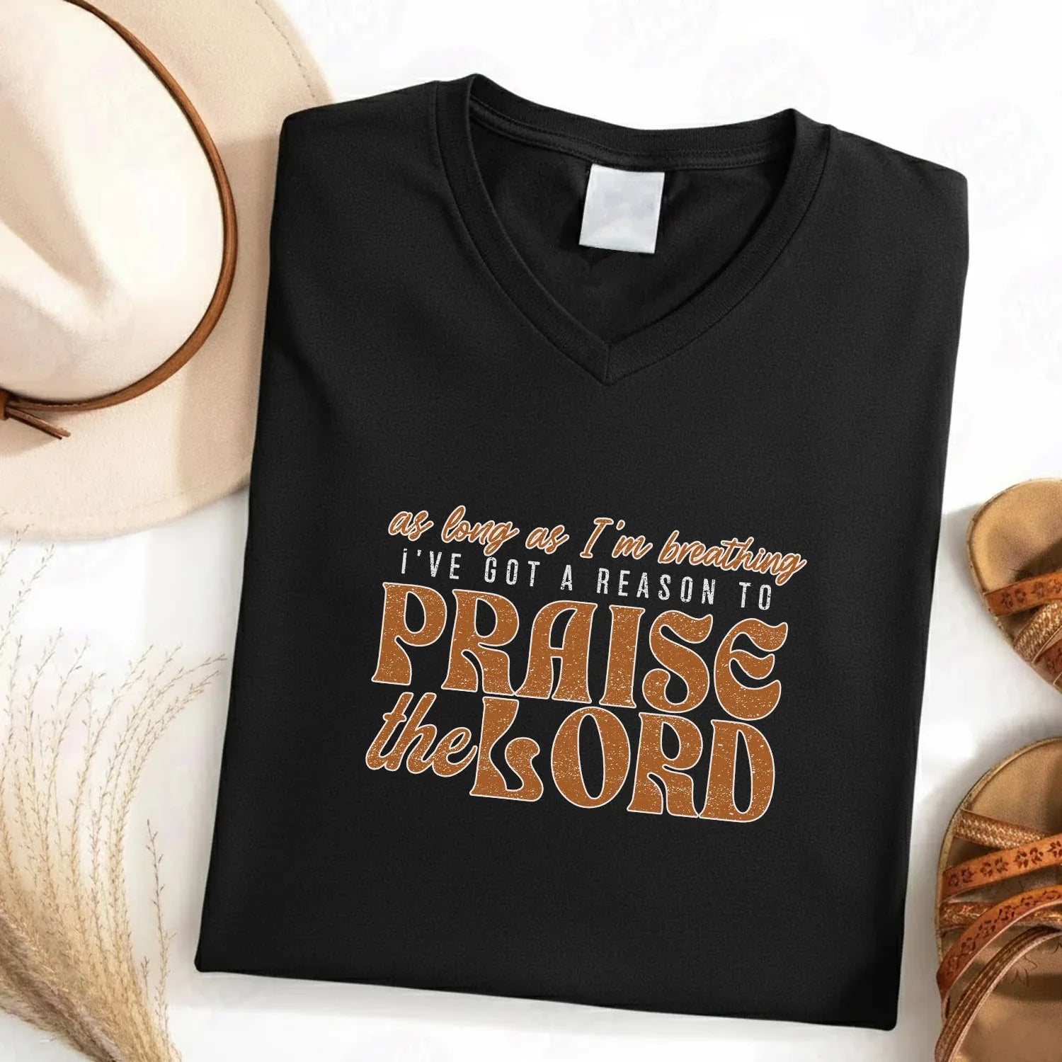 Praise The Lord Retro Typography Design V-Neck Christian Shirt - Minimalist Faith - Faith Guided Life