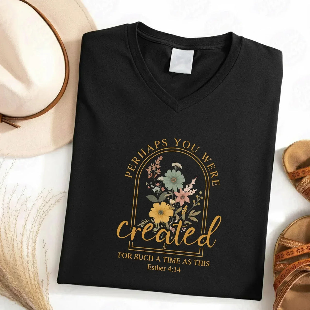 Created For Such A Time As This Floral Arch Design V-Neck Christian Shirt - Faith Floral - Faith Guided Life