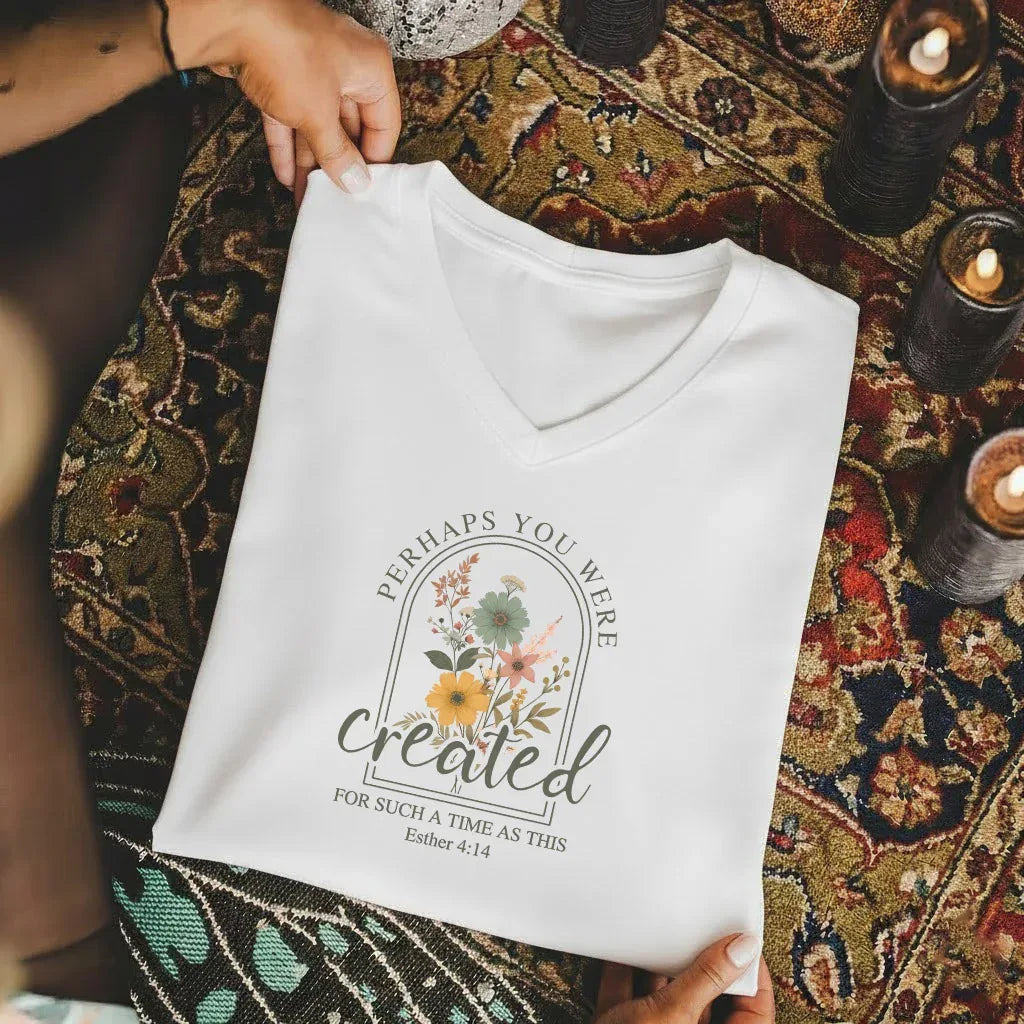 Created For Such A Time As This Floral Arch Design V-Neck Christian Shirt - Faith Floral - Faith Guided Life