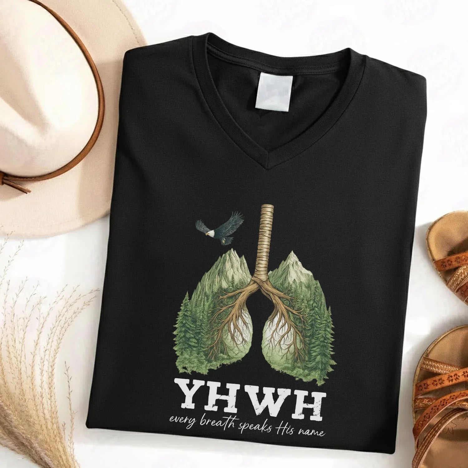 YHWH Every Breath Speaks His Name V-Neck Christian Shirt - Faith Floral - Faith Guided Life