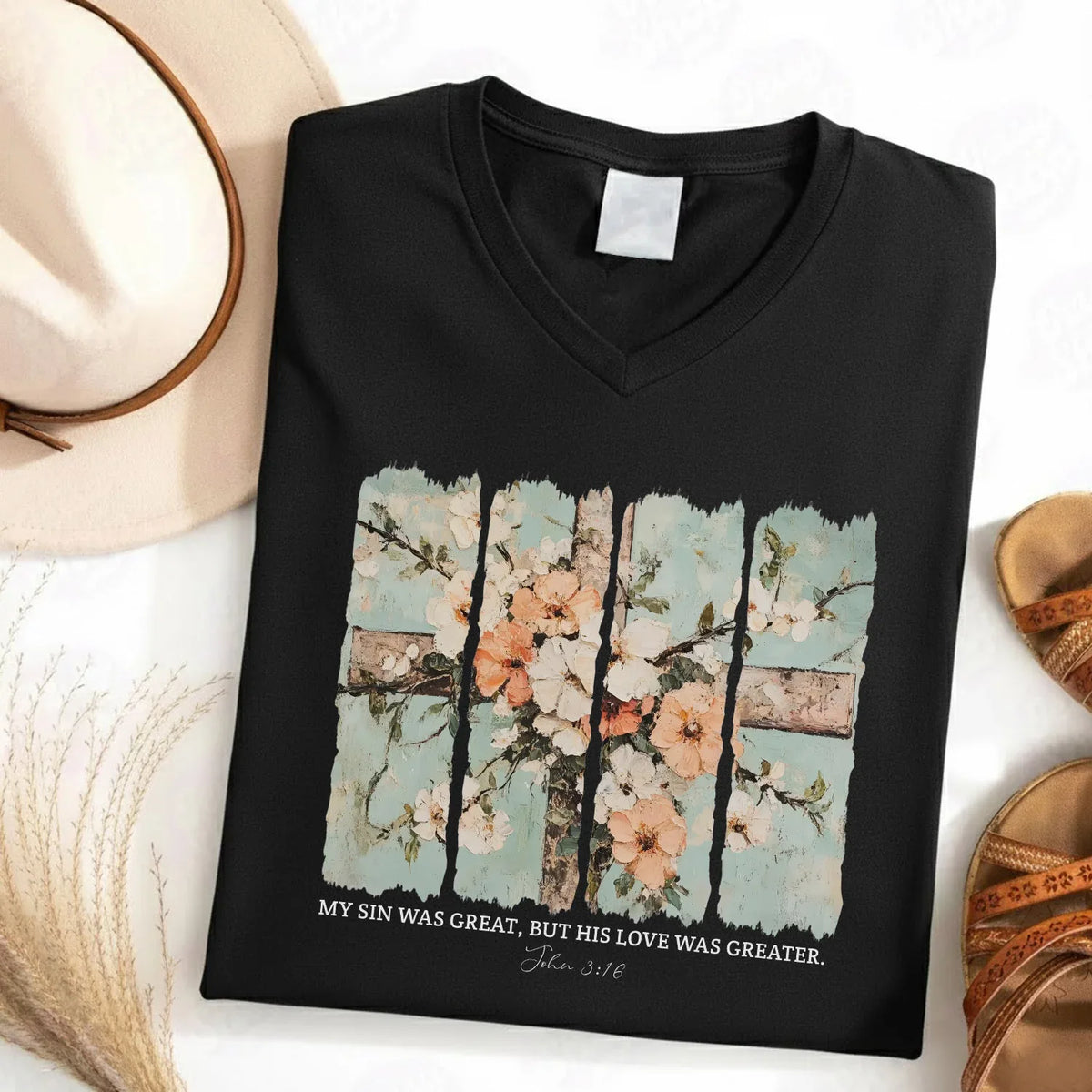My Sin Was Great, His Love Was Greater V-Neck Christian Shirt - Faith Floral - Faith Guided Life