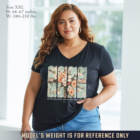 My Sin Was Great, His Love Was Greater V-Neck Christian Shirt - Faith Floral