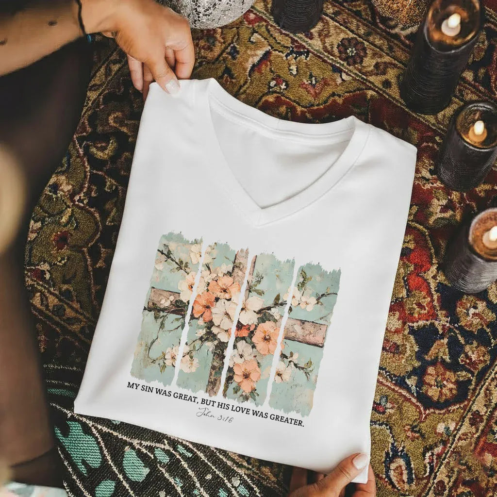 My Sin Was Great, His Love Was Greater V-Neck Christian Shirt - Faith Floral - Faith Guided Life