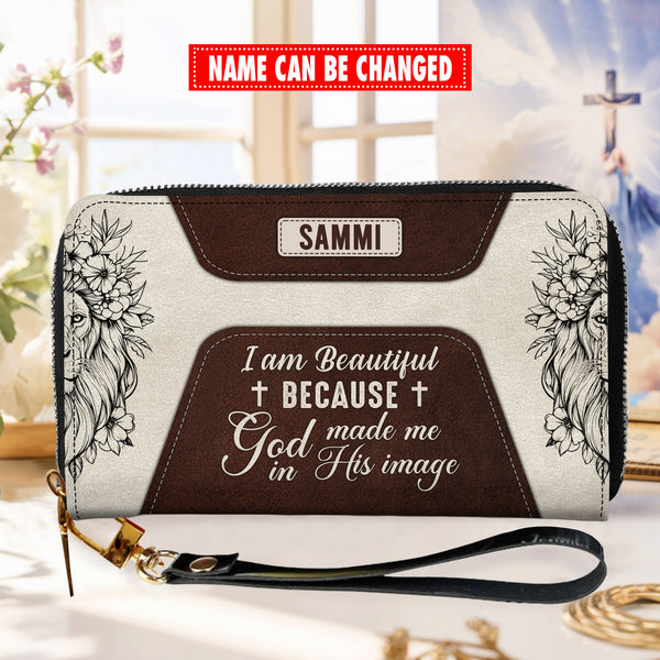 Christianartbag Handbag, I Am Beautiful Because God Made Me In His Image - Personalized Wallet Woman - Custom Wallet - Zipper Wallet - T8-13