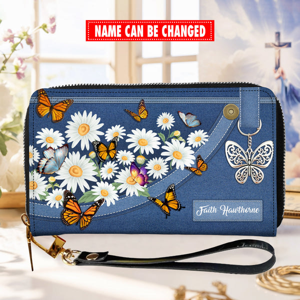 Stunning Daisy And Butterfly - Personalized Wallet Woman - Custom Wallet - Zipper Wallet - N22