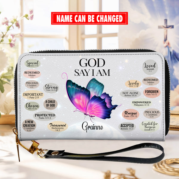 Blue Butterfly God Says I Am - Personalized Wallet Woman - Custom Wallet - Zipper Wallet - N23