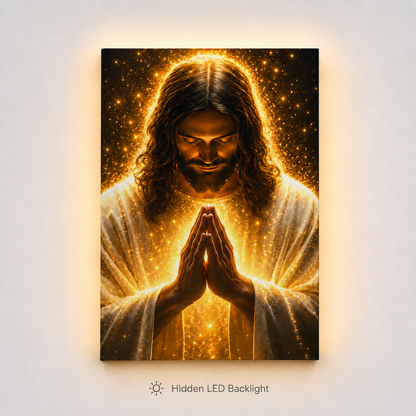 LED Radiant Praying Jesus Canvas/Mica – Glowing Christian Wall Art with Hidden Backlight