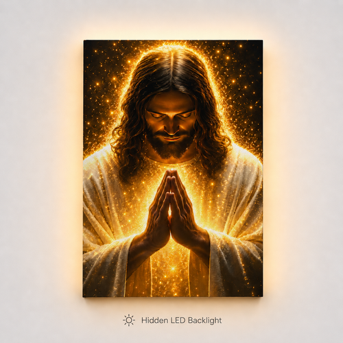 LED Radiant Praying Jesus Canvas/Mica – Glowing Christian Wall Art with Hidden Backlight