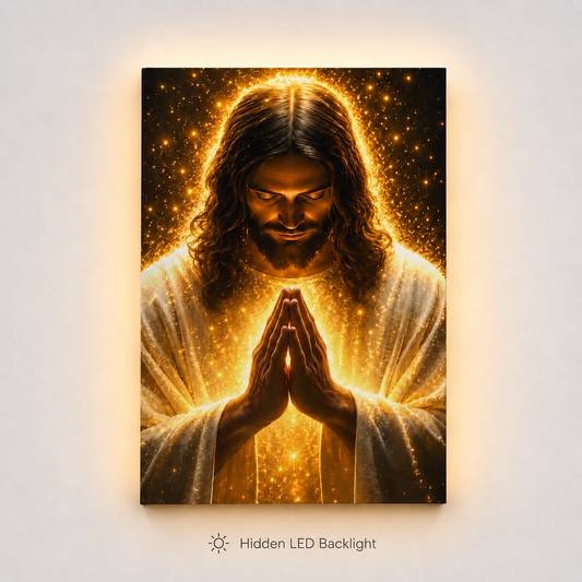 LED Radiant Praying Jesus Canvas/Mica – Glowing Christian Wall Art with Hidden Backlight