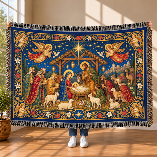Vintage Nativity Scene Christmas – Holy Family & Star of Bethlehem – Christian Woven Blanket