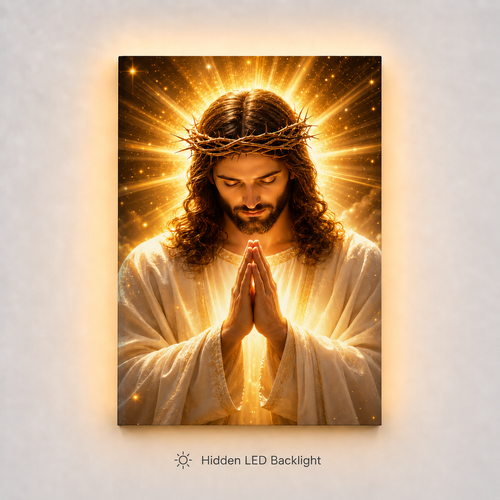 LED Jesus Prayer Canvas/Mica – Crown of Thorns Christian Wall Art with Hidden Backlight