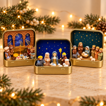 Mini Christmas Nativity Scene Set In Tin Box – Baby Jesus Holy Family Christian Decor
