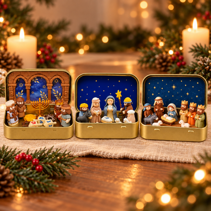 Mini Christmas Nativity Scene Set In Tin Box – Baby Jesus Holy Family Christian Decor