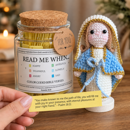 Bible Verse Jar with Virgin Mary Crochet Doll Catholic Faith Gift Home Decor