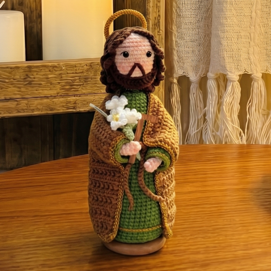 Handmade Crochet Saint Joseph Statue with Lily (Includes Wooden Base)