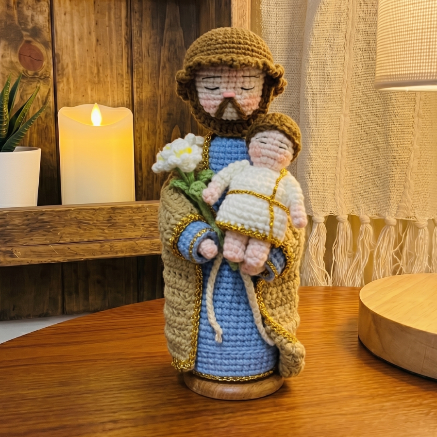 Handmade Crochet Holy Family Statues – Our Lady Mary & St. Joseph with Baby Jesus (Wooden Base Included)