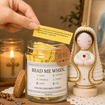 Bible Verse Jar with Virgin Mary Crochet Doll Catholic Faith Gift Home Decor