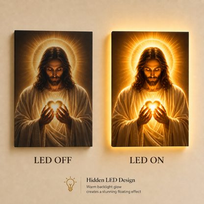 LED Sacred Heart of Jesus Canvas/Mica – Glowing Christian Wall Art with Hidden Backlight