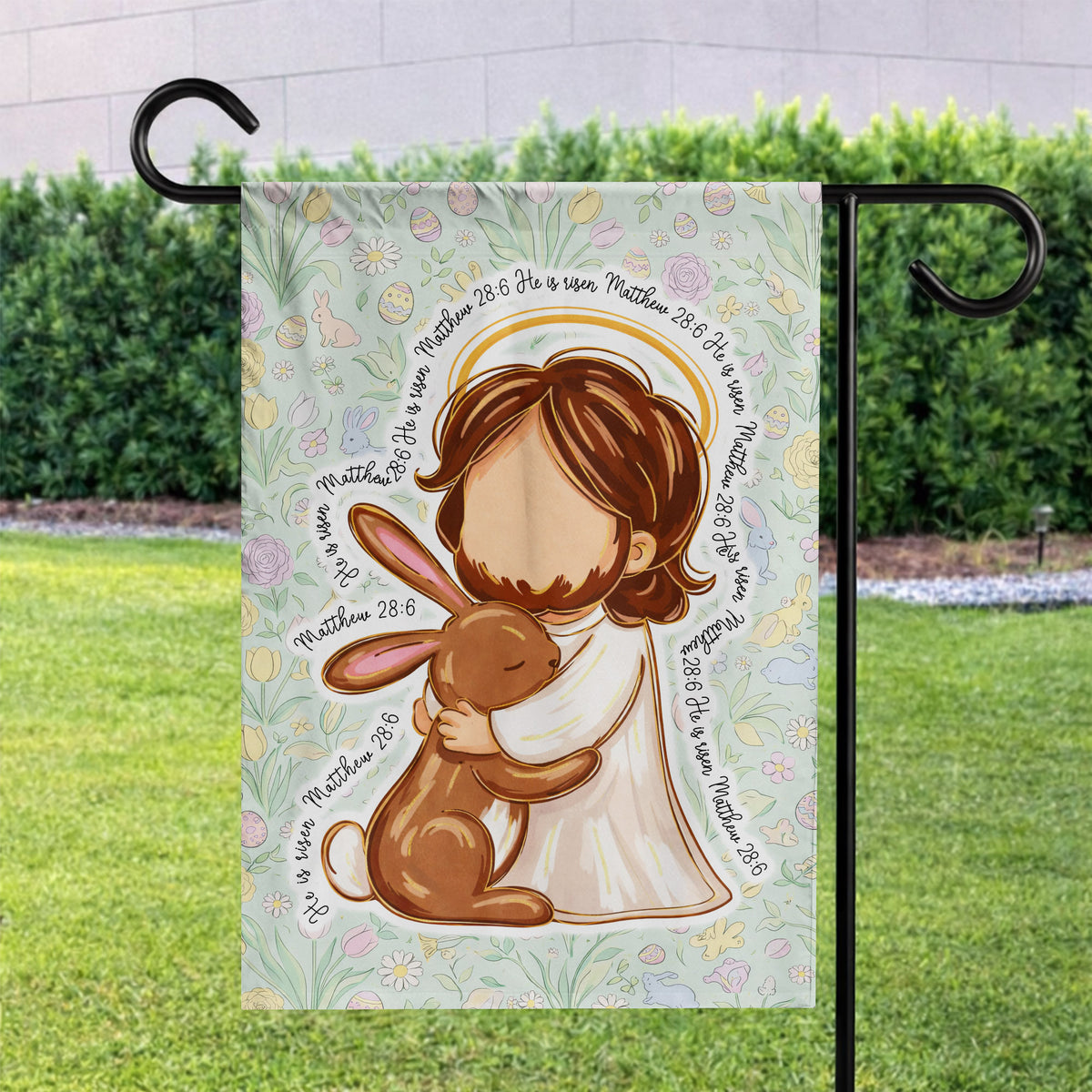 He Is Risen Matthew 28:6 Cute Jesus and Bunny Easter Garden Flag Christian Spring Decor