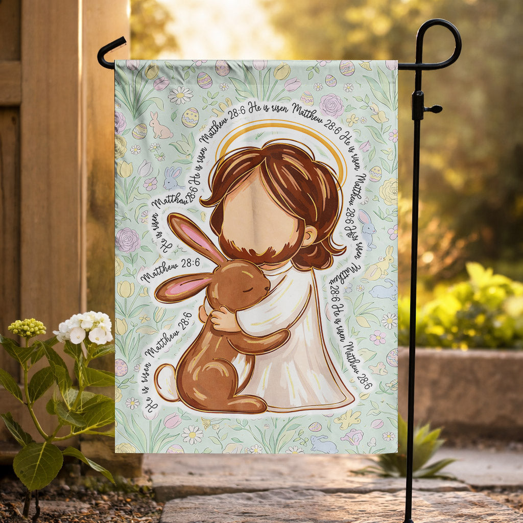 He Is Risen Matthew 28:6 Cute Jesus and Bunny Easter Garden Flag Christian Spring Decor