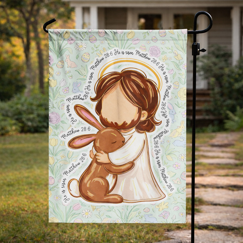 He Is Risen Matthew 28:6 Cute Jesus and Bunny Easter Garden Flag Christian Spring Decor