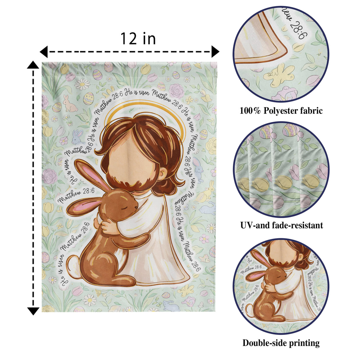 He Is Risen Matthew 28:6 Cute Jesus and Bunny Easter Garden Flag Christian Spring Decor