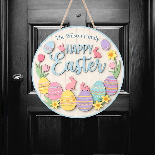 Personalized Happy Easter Door Sign Colorful Egg And Bunny Family