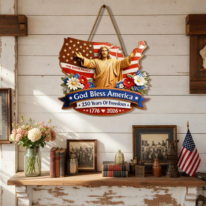 Personalized God Bless America – 250 Years of Freedom Family Wood Sign