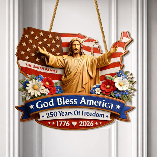 Personalized God Bless America – 250 Years of Freedom Family Wood Sign