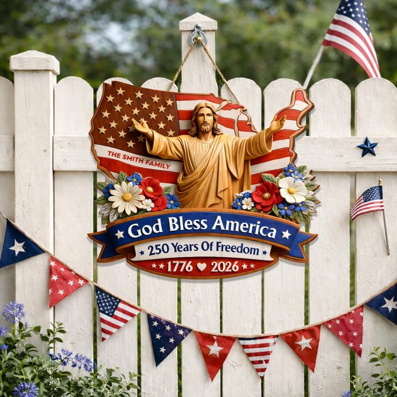 Personalized God Bless America – 250 Years of Freedom Family Wood Sign