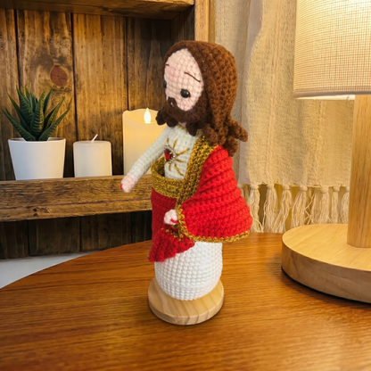 Handmade Crochet Virgin Mary Statue with Crown & Sacred Heart of Jesus Statue(include Wooden Base)