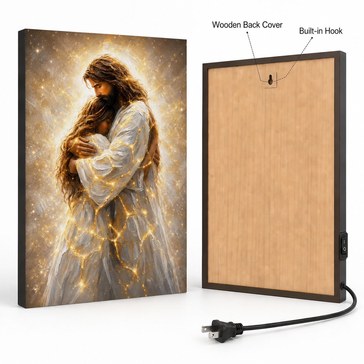 LED Jesus Embrace of Healing Canvas/Mica – Christian Wall Art with Hidden Backlight