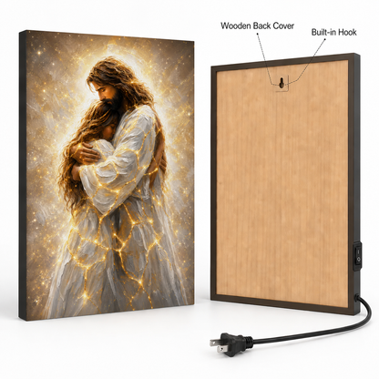 LED Jesus Embrace of Healing Canvas/Mica – Christian Wall Art with Hidden Backlight