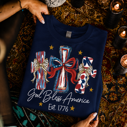 God Bless America T-Shirt, Patriotic Cross Distressed Flag  – Unisex Tshirt / Hoodie / Sweatshirt