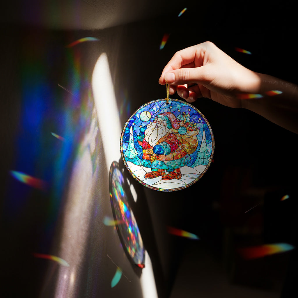 Stained Glass Santa Claus Holographic Christmas Ornament | Festive Holiday Keepsake | Jolly Tree Decoration