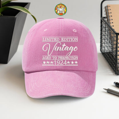 101st Birthday Gift Hat, Vintage 1924 "Aged to Perfection" Dad Cap, Personalized with Custom Year.