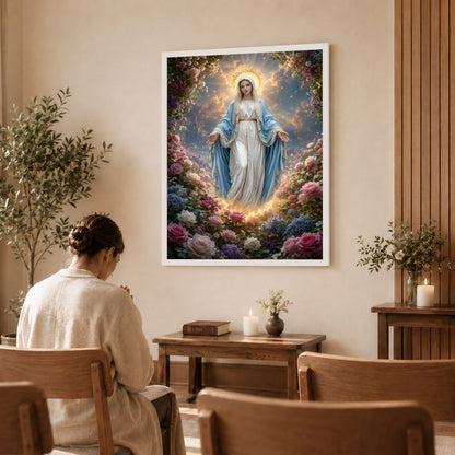 Blessed Virgin Mary Floral Christian Wall Art – Victory of Resurrection Wall Art Poster/Canvas